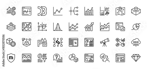 Data analysis and visualization line icon set. Vector pictograms of charts, graphs, maps, functions, and dashboards, thin linear illustration.