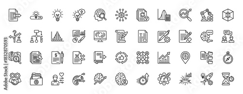 Business and data analysis line icon set. vector pictograms of research, strategy, finance, and artificial intelligence, thin linear illustration.