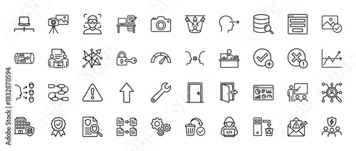 Business and technology line icon set. Vector pictograms of server, security, data, process, and camera, thin linear illustration.