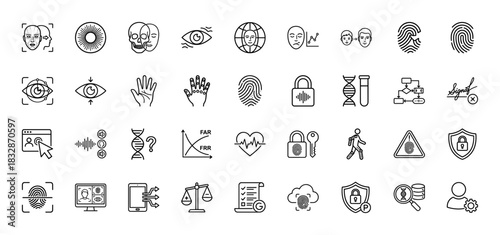 Biometric security line icon set. Vector pictograms of face, fingerprint, dna, eye scan, and palm, thin linear illustration.