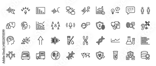 Forensic science and genetics line icon set. Vector pictograms of dna, fingerprint, evidence, microscope, chromosome, biometrics, thin linear illustration.
