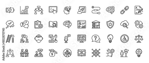 Business and education line icon set. Vector pictograms of teamwork, strategy, learning, and analysis, thin linear illustration.