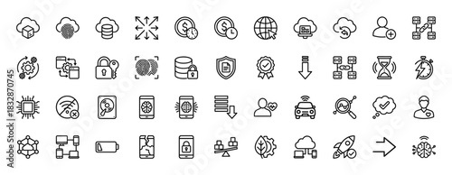 Technology and cloud computing line icon set. Vector pictograms of server, database, security, artificial intelligence, network, smart car, thin linear illustration.