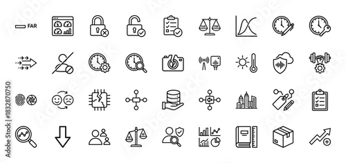 Technology and business line icon set. Vector pictograms of security, data, time, health, and analysis, thin linear illustration.