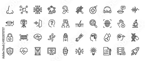Biometrics and artificial intelligence line icon set. Vector pictograms of face recognition, DNA, health, and robotics, thin linear illustration.