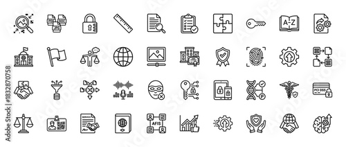 Data security and privacy line icon set. Vector pictograms of padlock, fingerprint, key, file, and shield, thin linear illustration.