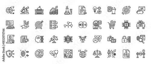 Science, technology, and business line icon set. Vector pictograms of research, finance, computing, dna, and innovation, thin linear illustration.
