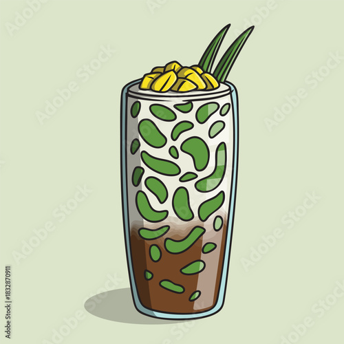 Illustration of Es Cendol Dawet, a Traditional Indonesian Drink in a Tall Glass