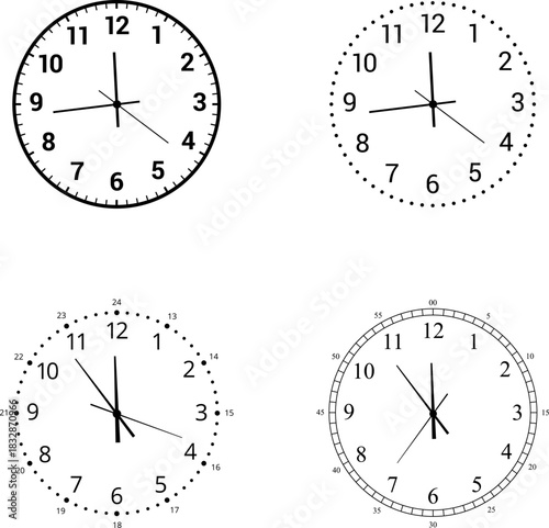 Vintage and modern clock faces with Roman numerals retro hands, modern. Mechanical clock faces, arabic numerals, bezel. Timer, stopwatch. Analog Face Blank clock dial with hours, minutes, and seconds 