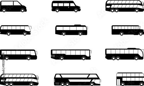Bus icons set. Vector illustration of tourist bus icon. Travel bus logo design. City bus icon design template isolated. Black School Bus Silhouette