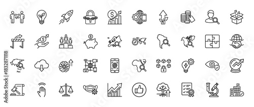 Business and global strategy line icon set. Vector pictograms of teamwork, investment, innovation, and security, thin linear illustration.