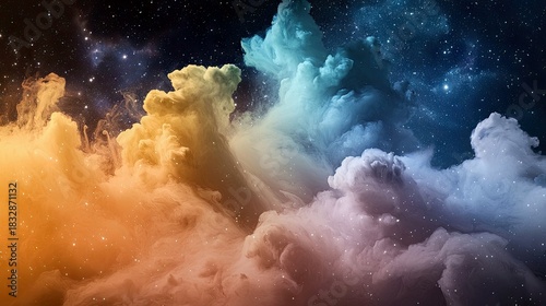 An abstract image of colorful smoke clouds against a starry night sky, with a gradient of colors and a dreamy atmosphere.