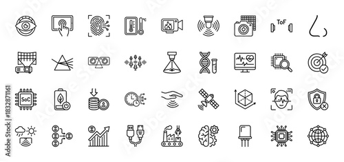 Advanced sensing and data technology line icon set. Vector pictograms of biometrics, thermal imaging, system-on-chip, satellite communication, and industrial automation, thin linear illustration.