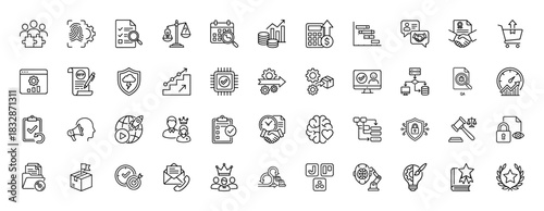 Quality assurance and business management line icon set. Vector pictograms of puzzle, analysis, checklist, money, and automation, thin linear illustration.