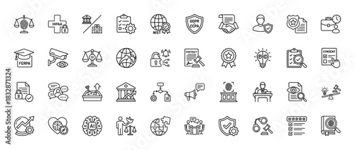 Privacy and compliance line icon set. Vector pictograms of security, contract, data, law, and regulation, thin linear illustration.