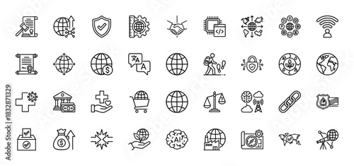 Global business and technology line icon set. Vector pictograms of legal contract, currency exchange, security shield, and artificial intelligence, thin linear illustration.