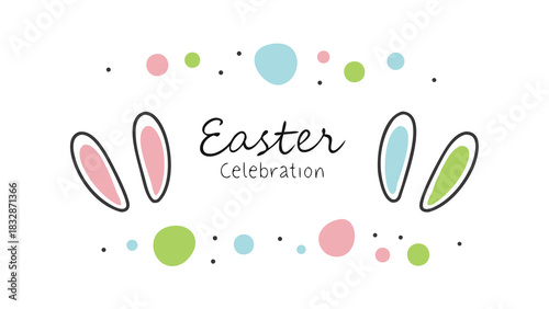 Cute easter celebration graphic with bunny ears and pastel colored dots and circles against a white background