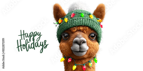 Festive llama wearing a Christmas hat and lights wishing Happy Holidays Cute animal portrait with holiday spirit and cozy winter vibes on black background