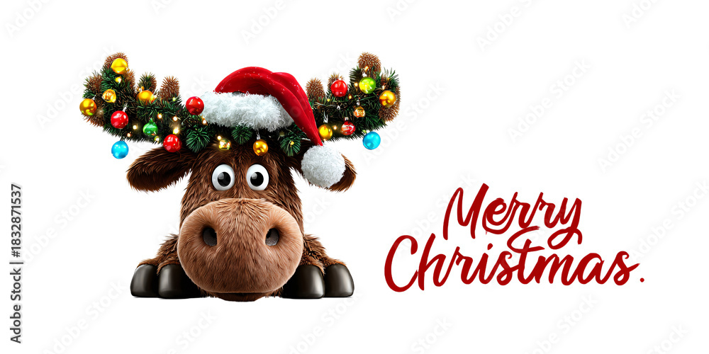 Fototapeta premium Festive cartoon moose wearing Santa hat and Christmas lights wishing Merry Christmas on black background Concept of holiday, celebration, and greeting