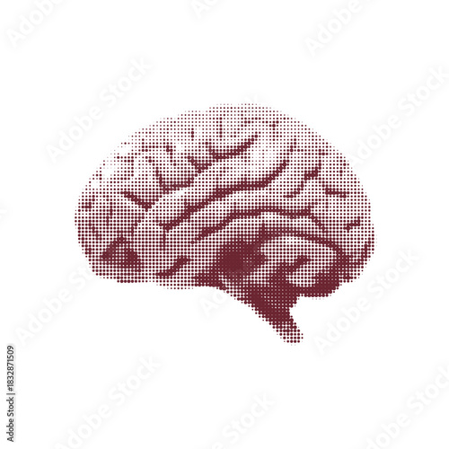 Halftone illustration of a human brain in a dotted vintage style. Minimalistic medical silhouette suitable for science, neurology, anatomy and education designs.