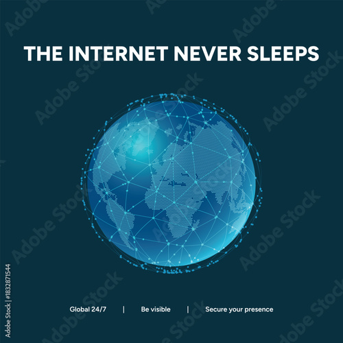 Digital globe representing the internet never sleeps concept in dark blue