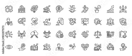 Business and finance line icon set. Vector pictograms of venture capital, growth, m&a, and legal compliance, thin linear illustration.