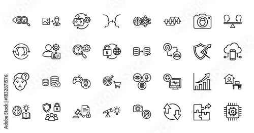 Technology and business line icon set. Vector pictograms of machine learning, security, data, and e-commerce, thin linear illustration.