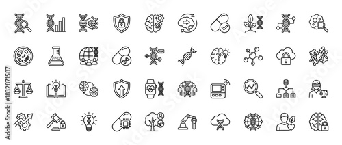 Genetic engineering and biotechnology line icon set. Vector pictograms of dna, shield, brain, pill, and research, thin linear illustration.
