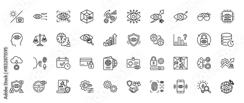 Technology and security line icon set. Vector pictograms of eye, biometrics, data, protection, and analysis, thin linear illustration.
