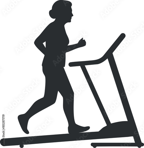 Silhouette vector illustration of a woman running on a treadmill, ideal for fitness and health projects.