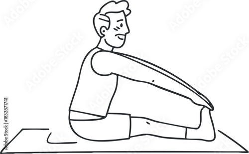 Minimalist line art illustration of a man performing a seated forward bend yoga pose, ideal for wellness and fitness contexts