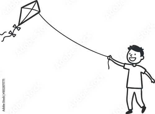 Playful vector illustration of a happy child flying a kite, perfect for outdoor activity and leisure themes