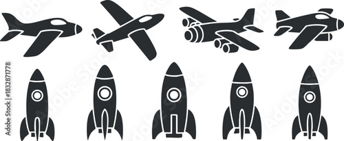 Silhouette vector icon set featuring various aircraft and rocket designs for travel and exploration themes