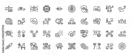 Smart vehicle technology line icon set. Vector pictograms of autonomous driving, car security, AI chip, and sensor systems, thin linear illustration.