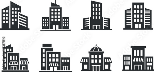 Stylized vector illustration of various building designs, showcasing modern architecture suitable for urban planning and real estate projects