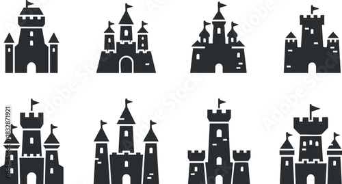 Set of minimalist black and white vector illustrations of various castle designs, ideal for children's themes and fantasy projects