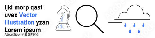 Strategy, analytics, business planning, weather forecasting, research, intellectual thinking. A chess knight, magnifying glass and rain cloud icon. Strategy and analytics concept