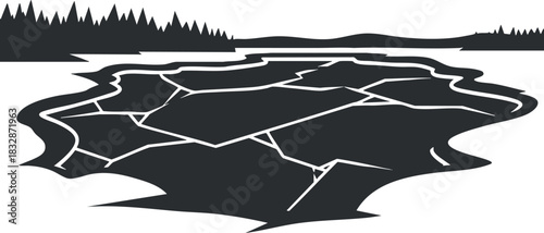Minimalist silhouette vector illustration of a serene lake landscape with forest and abstract water reflections for design projects.