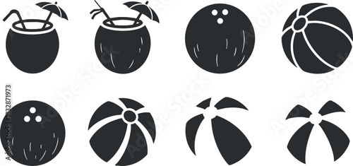 Set of minimalist vector icons featuring coconuts and beach balls for summer-themed projects and designs