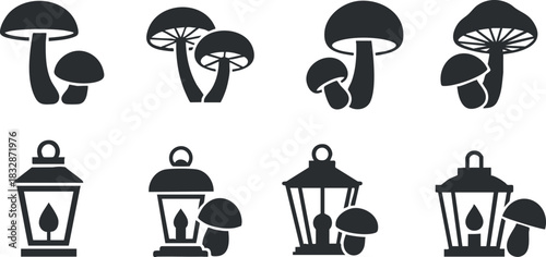 Silhouette vector icon set featuring mushrooms and lanterns, perfect for nature-themed design projects and branding.