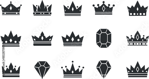 Collection of modern vector crown and gemstone illustrations for design projects, branding, and decorative uses
