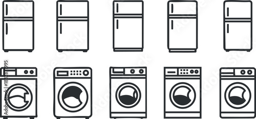 Line art vector illustration set of household appliances including refrigerators and washing machines for home design projects