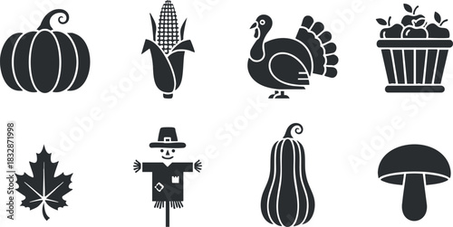 Set of minimalist black and white vector icons featuring seasonal harvest elements like pumpkin, corn, turkey, and scarecrow for autumn design.