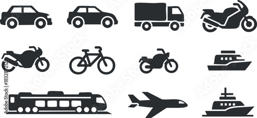 Collection of black and white vector icons depicting various transportation vehicles including cars, trucks, motorcycles, bicycles, and boats