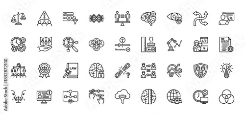 Business and legal intelligence line icon set. Vector pictograms of decision-making, data analysis, security, and compliance, thin linear illustration.
