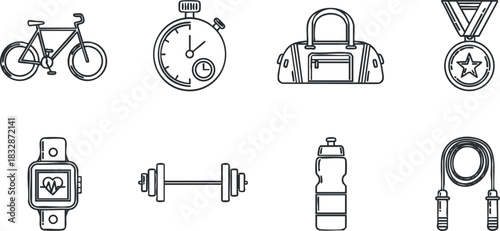 Outline vector icon set featuring fitness and sports equipment including a bicycle, stopwatch, gym bag, and more