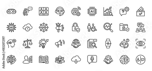 Artificial intelligence line icon set. Vector pictograms of robot, brain, chip, VR, chatbot, cloud, security, biometric and analytics, thin linear illustration.