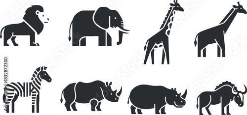 Stylized vector illustration set featuring various animals like lion, elephant, giraffes, zebra, and rhino for educational or decorative use