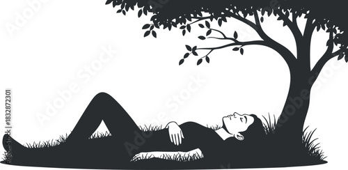 Silhouette vector illustration of a woman relaxing under a tree, ideal for wellness and mindfulness themes