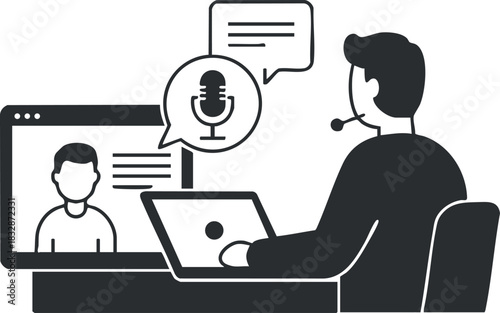 Modern flat design vector illustration depicting a remote communication setup with a headset and computer screen for virtual meetings